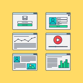 Web Template for site forms of email subscribe, login to account, watching video, online shopping, blog and infographics. Vector