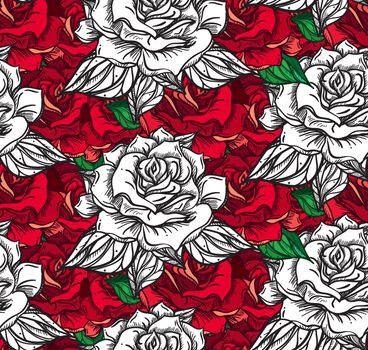 Hand Drawn Wedding Rose Seamless Pattern. Flower Template for wedding, holiday, celebration. Rose for print, tattoo and digital art. Vector