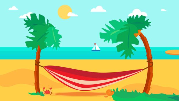 Hello Summer Concept with hammock and cocktail on palm beach. Vacation and travel tropical poster with sun and exotic island. Vector