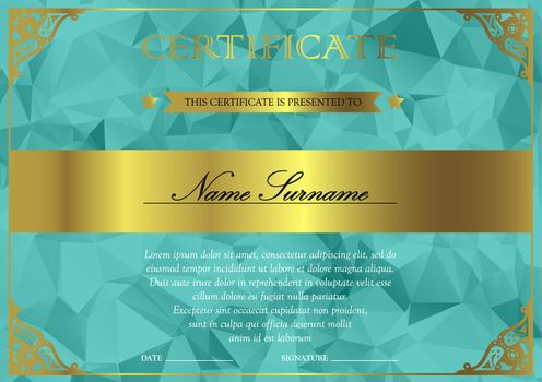 Horizontal turquoise and gold certificate and diploma template with vintage, floral, filigree and cute pattern for winner for achievement. Blank of award coupon. Vector