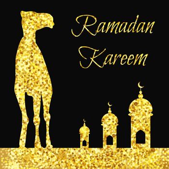 Ramadan greeting with camel, Islamic greeting card for Ramadan Kareem with gold glitters Vector