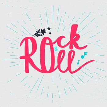 Rock and Roll Lettering for t-shirt, sticker, print, fabric, cloth. Vintage hand drawn music badge. Retro hipster musical sound emblem for card, concert flyer, fest, postcard, label, poster. Vector