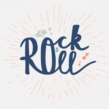 Rock and Roll Lettering for t-shirt, sticker, print, fabric, cloth. Vintage hand drawn music badge. Retro hipster musical sound emblem for card, concert flyer, fest, postcard, label, poster. Vector