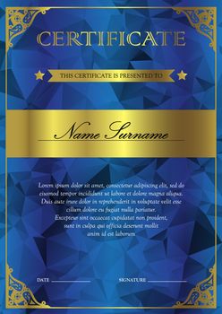 Vertical blue and gold certificate and diploma template with vintage, floral, filigree and cute pattern for winner for achievement. Blank of award coupon. Vector