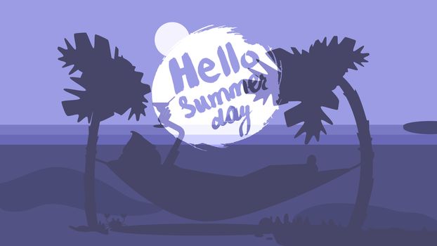 Hello Summer Lettering by brush. Typographic vacation and travel watercolor tropical poster with sunset bright background and palm exotic island. Sunset. Vector