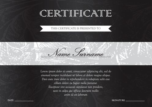 Horizontal black dark certificate and diploma template with vintage, floral, filigree and cute pattern for winner for achievement. Blank of award coupon. Vector