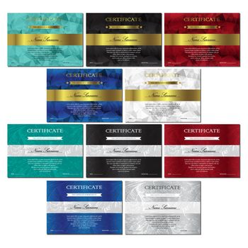Vertical red, white, black, turquoise and blue certificate and diploma templates set with vintage, floral pattern and polygonal pattern for winner for achievement. Blank of award coupon. Vector