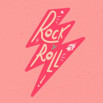 Rock and Roll Lettering for t-shirt, sticker, print, fabric, cloth. Vintage hand drawn music badge. Retro hipster musical sound emblem for card, concert flyer, fest, postcard, label, poster. Vector
