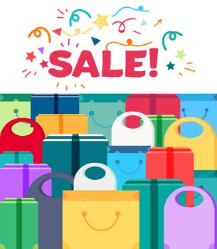 Shop Concept from Shopping Bags, Boxes and Packages with products. Sale Banner. Shelves store with offer for print, flyer, sticker, poster. Vector