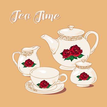 Tea Time and Tea Set in vintage style. Traditional english tea with floral dishware from rose. Vector