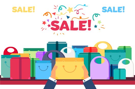 Shop Concept from Shopping Bags, Boxes and Packages with products. Sale Banner. Shelves store with offer for print, flyer, sticker, poster. Vector