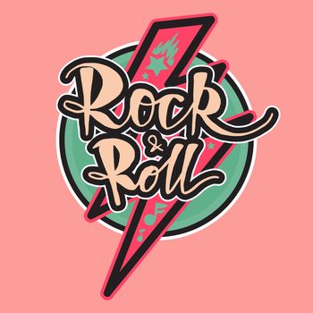 Rock and Roll Lettering for t-shirt, sticker, print, fabric, cloth. Vintage hand drawn music badge. Retro hipster musical sound emblem for card, concert flyer, fest, postcard, label, poster. Vector