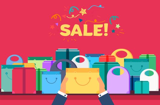 Shop Concept from Shopping Bags, Boxes and Packages with products. Sale Banner. Shelves store with offer for print, flyer, sticker, poster. Vector