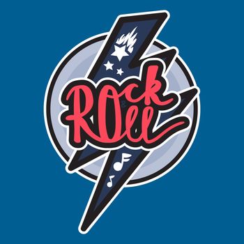 Rock and Roll Lettering for t-shirt, sticker, print, fabric, cloth. Vintage hand drawn music badge. Retro hipster musical sound emblem for card, concert flyer, fest, postcard, label, poster. Vector