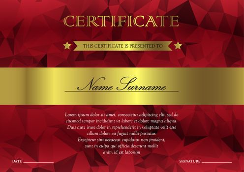 Horizontal red and gold certificate and diploma template with vintage, floral, filigree and cute pattern for winner for achievement. Blank of award coupon. Vector