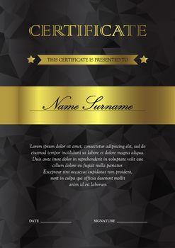 Vertical black and gold certificate and diploma template with vintage, floral, filigree and cute pattern for winner for achievement. Blank of award coupon. Vector