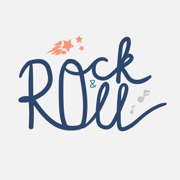Rock and Roll Lettering for t-shirt, sticker, print, fabric, cloth. Vintage hand drawn music badge. Retro hipster musical sound emblem for card, concert flyer, fest, postcard, label, poster. Vector