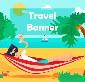 Hello Summer Concept with tourist drinking cocktail in hammock on palm beach. Vacation and travel tropical poster with sun and exotic island. Vector