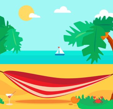 Hello Summer Concept with hammock and cocktail on palm beach. Vacation and travel tropical poster with sun and exotic island. Vector