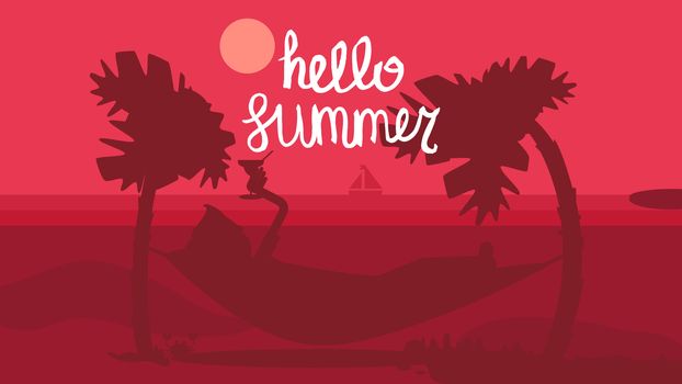 Hello Summer Concept with tourist drinking cocktail in hammock on palm beach. Vacation and travel tropical poster with sun and exotic island. Sunset. Vector