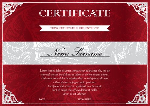 Horizontal red certificate and diploma template with vintage, floral, filigree and cute pattern for winner for achievement. Blank of award coupon. Vector