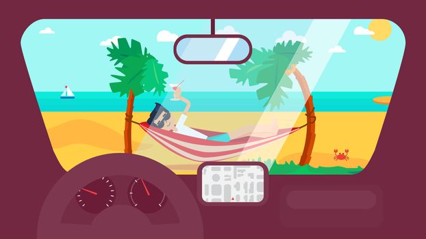 Hello Summer Concept on palm beach from inside car interior with wheel, speedometer, gps navigator. Vacation travel tropical poster with sun exotic island. Vector