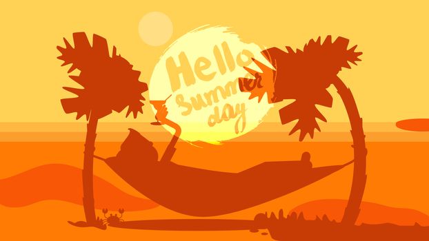 Hello Summer Lettering by brush. Typographic vacation and travel watercolor tropical poster with sunset bright background and palm exotic island. Sunset. Vector