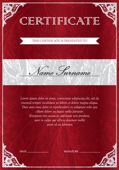 Vertical red certificate and diploma template with vintage, floral, filigree and cute pattern for winner for achievement. Blank of award coupon. Vector