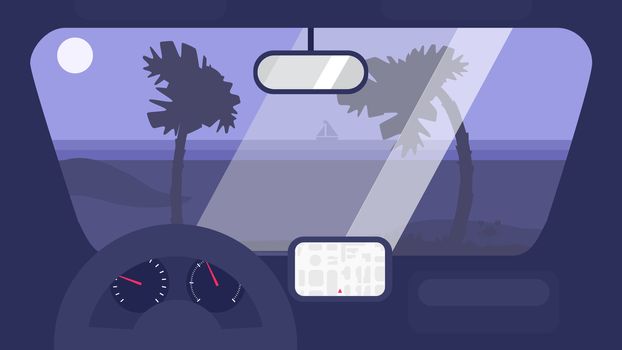 Hello Summer Concept on palm beach from inside car interior with wheel, speedometer, gps navigator. Vacation travel tropical poster with sun exotic island. Vector