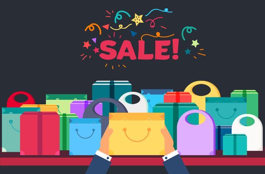 Shop Concept from Shopping Bags, Boxes and Packages with products. Sale Banner. Shelves store with offer for print, flyer, sticker, poster. Vector