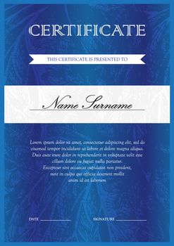 Vertical blue certificate and diploma template with vintage, floral, filigree and cute pattern for winner for achievement. Blank of award coupon. Vector