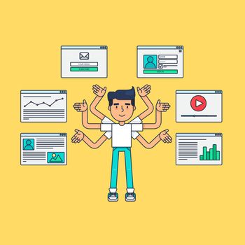Web Life of Developer, Programmer, System Administrator or Designer from video, blog, social networks, online shopping and email. Graphic user interface and web pages forms and elements. Vector