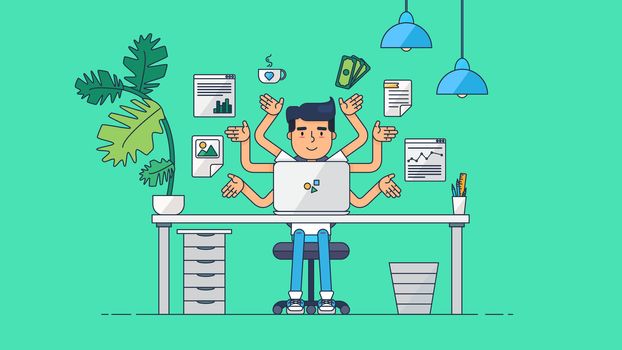 Workspace of Professional Working Developer, Programmer, System Administrator or Designer with desk, chair, notebook Business project or startup concept. Employee office workplace. Vector