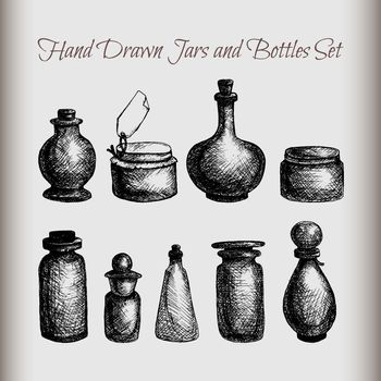 Hand drawn isolated vintage glass jars and bottles set. Containers for jams, food, attar, otto, essential oil, oils, liquid, perfume. Vector