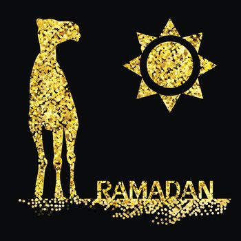 Ramadan greeting with camel, Islamic greeting card for Ramadan Kareem with gold glitters Vector