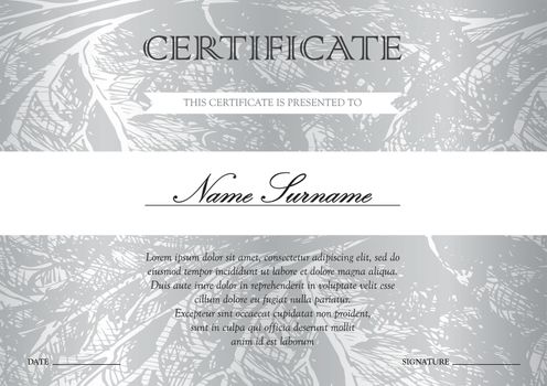 Horizontal silver certificate and diploma template with vintage, floral, filigree and cute pattern for winner for achievement. Blank of award coupon. Vector