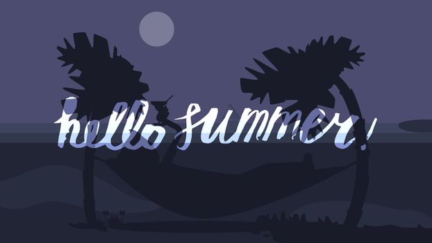 Hello Summer Lettering by brush. Typographic vacation and travel watercolor tropical poster with sunset bright background and palm exotic island. Sunset. Vector