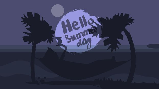 Hello Summer Lettering by brush. Typographic vacation and travel watercolor tropical poster with sunset bright background and palm exotic island. Sunset. Vector