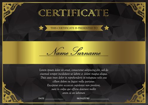 Horizontal black dark and gold certificate and diploma template with vintage, floral, filigree and cute pattern for winner for achievement. Blank of award coupon. Vector