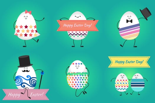 Happy easter with happy dancing, stanging and sitting eggs. Vector