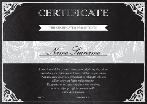 Horizontal black dark certificate and diploma template with vintage, floral, filigree and cute pattern for winner for achievement. Blank of award coupon. Vector