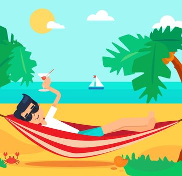 Hello Summer Concept with tourist drinking cocktail in hammock on palm beach. Vacation and travel tropical poster with sun and exotic island. Vector