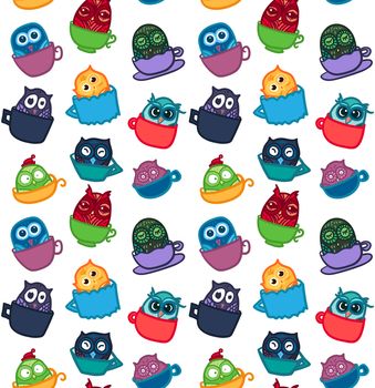 Hand Drawn Funny Owl in Cup. Owls seamless pattern for print, fabric, wrap and illustration, game, web and children's items. Good morning or good night. Vector