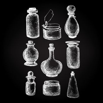 Hand drawn isolated vintage glass jars and bottles set. Containers for jams, food, attar, otto, essential oil, oils, liquid, perfume. Vector