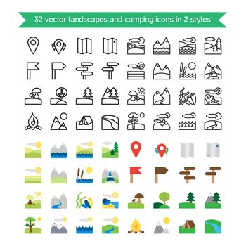 Landscapes and camping 32 icons set. Nature and traveling symbols. Ecology and geological signs. Vector
