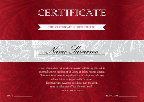 Horizontal red certificate and diploma template with vintage, floral, filigree and cute pattern for winner for achievement. Blank of award coupon. Vector