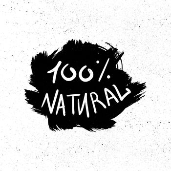 Hand drawn ecology and 100 percents natural lettering. Isolated grunge sticker or nature icon of quality for banner, web, card, print. Eco design. Vector