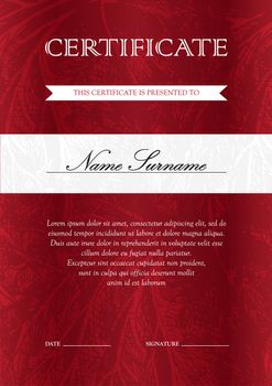 Vertical red certificate and diploma template with vintage, floral, filigree and cute pattern for winner for achievement. Blank of award coupon. Vector