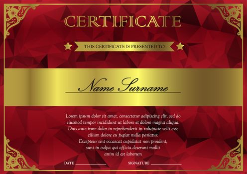 Horizontal red and gold certificate and diploma template with vintage, floral, filigree and cute pattern for winner for achievement. Blank of award coupon. Vector