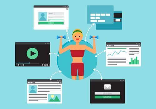 Web Life of Sport Woman and Fitnes Girl from video, blog, social networks, online shopping and email. Graphic user interface and web pages forms and elements. Vector